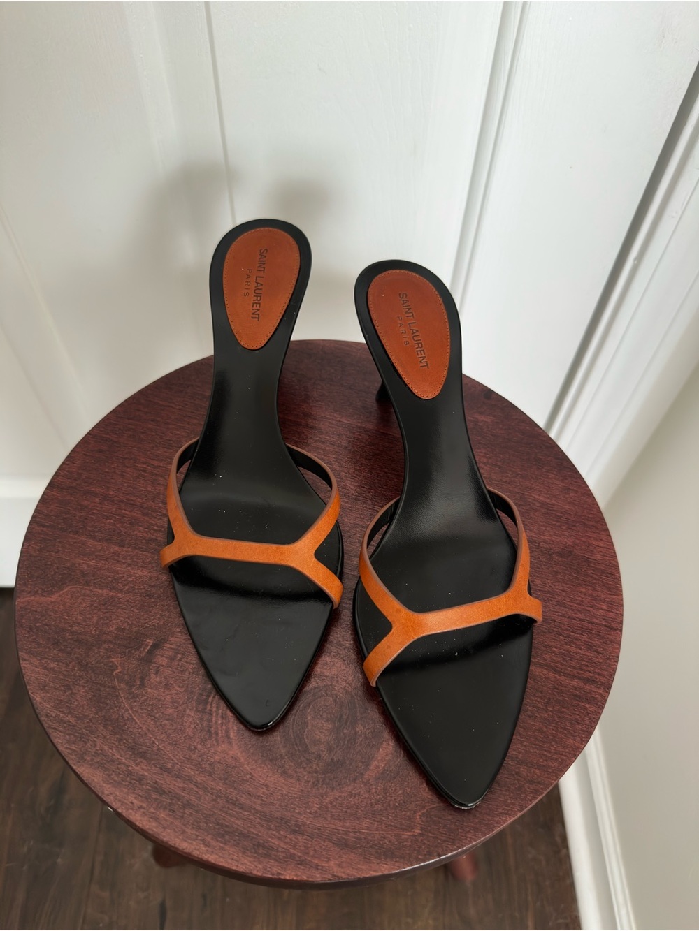 Saint Laurent Black Leather Slide Heels with Tan Straps